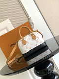 Louis Vuitton mini handbag with white monogram canvas and black leather strap