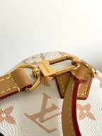 Louis Vuitton bag clasp and D-ring hardware on white monogram canvas with tan strap