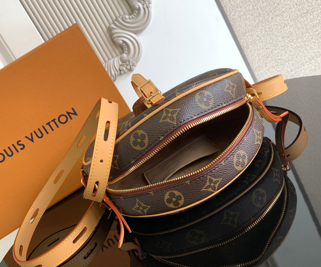 Louis Vuitton monogram crossbody bag with open top and tan zipper trim