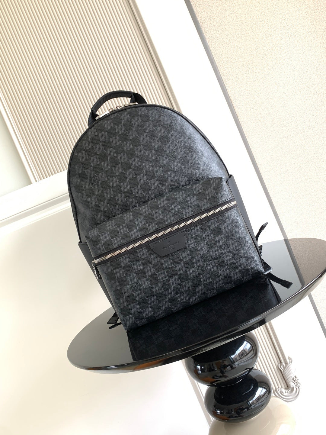 Louis Vuitton checkered mini backpack with top handle, dark gray, zip front pocket