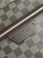 Louis Vuitton logo leather patch on checkered bag zipper track
