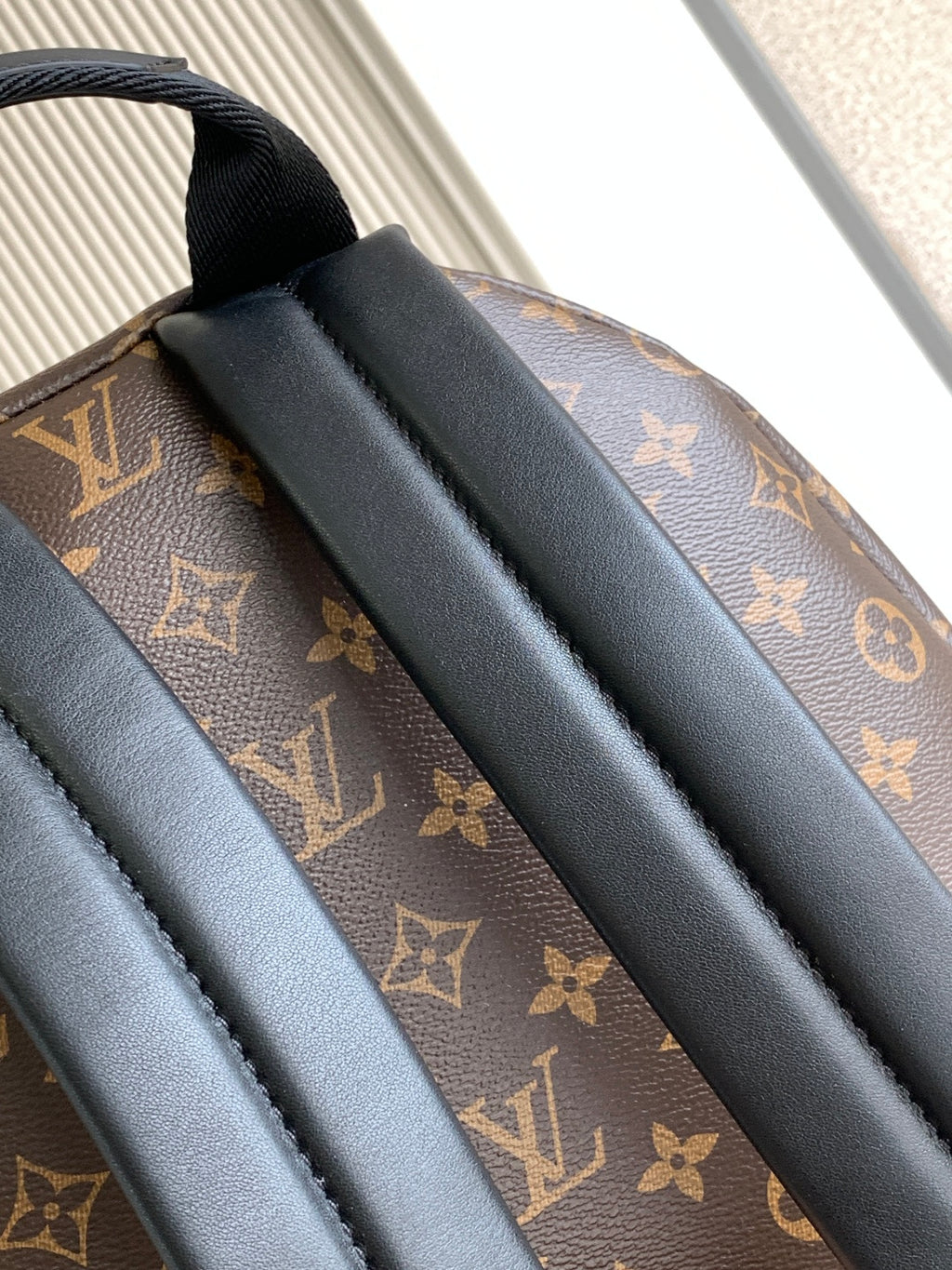Louis Vuitton monogram backpack shoulder straps with blue-gray leather trim