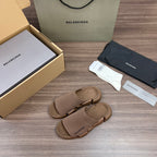 Tan knit slide sandals with wide strap and chunky sole, side-by-side view