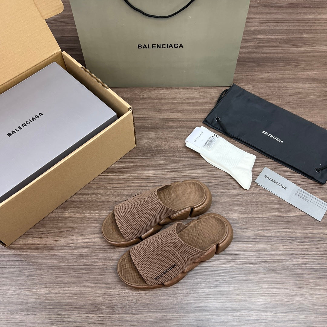 Tan knit slide sandals with wide strap and chunky sole, side-by-side view