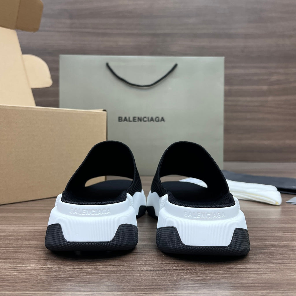 Balenciaga slide sandals, black back with white sole and heel logo