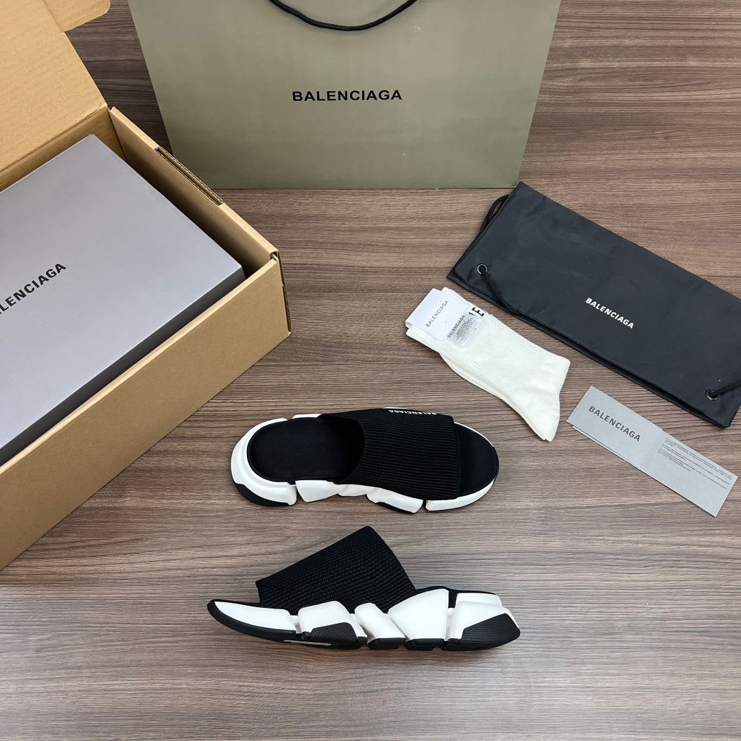 Balenciaga slide sandal, black knit band with white chunky sole