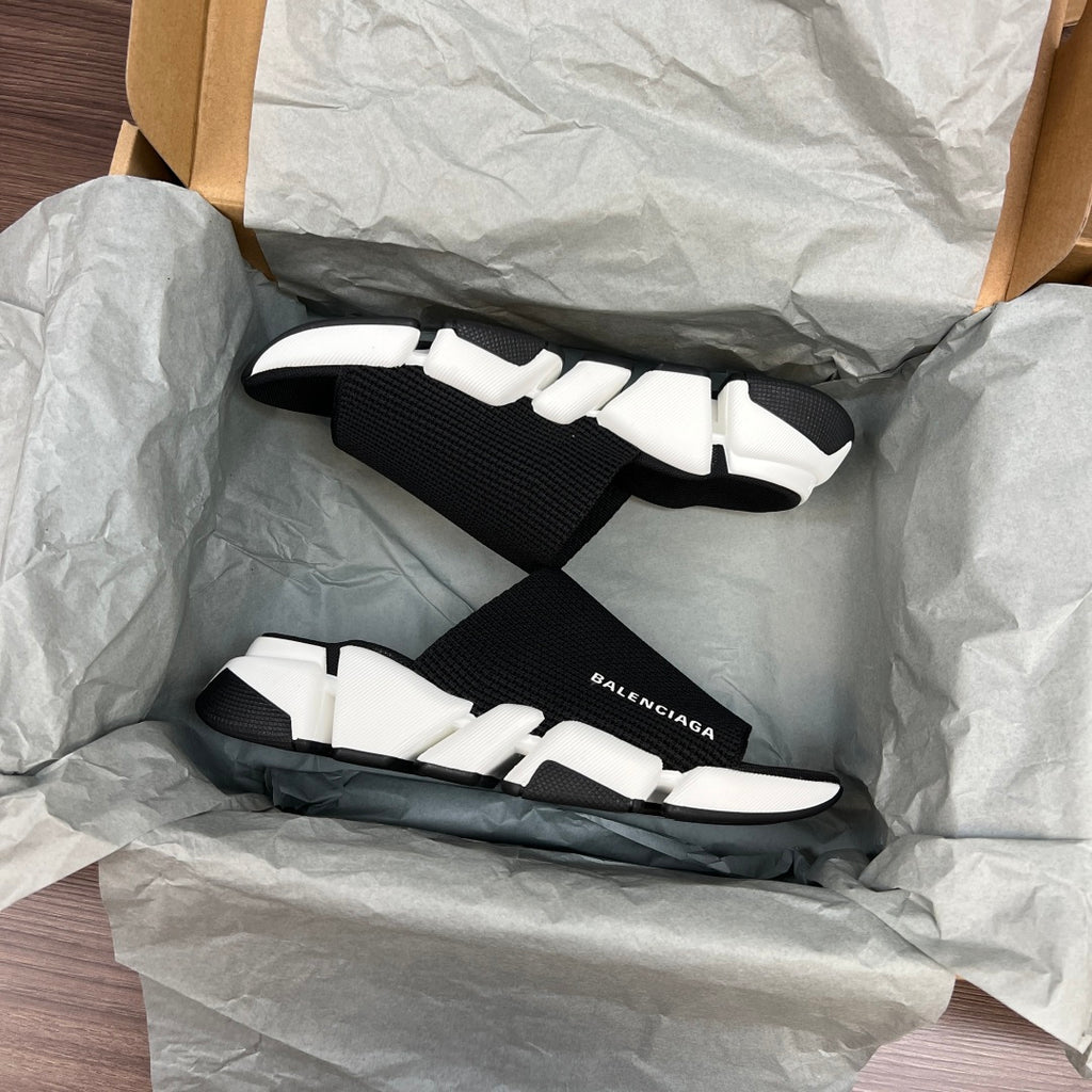 Balenciaga slide sandals, black knit and white sole