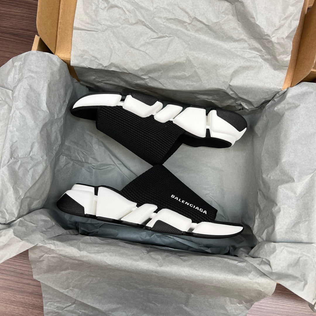 Balenciaga slide sandals, black knit and white sole