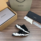 Balenciaga slide sandals, black knit upper, white segmented sole