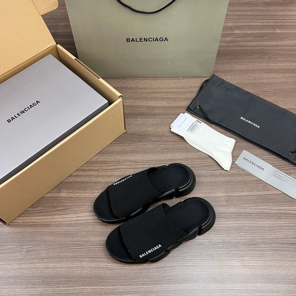 Balenciaga dark knit slide sandals with logo strap and thick sole