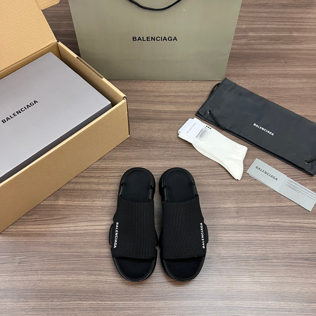 Balenciaga dark mesh slide sandals with adjustable strap and molded sole