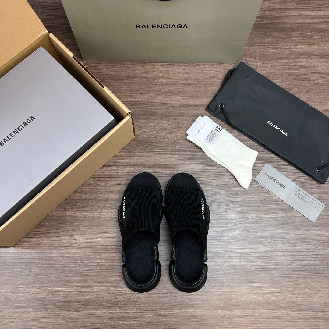 Balenciaga dark knit slide sandals, open toe with cushioned sole