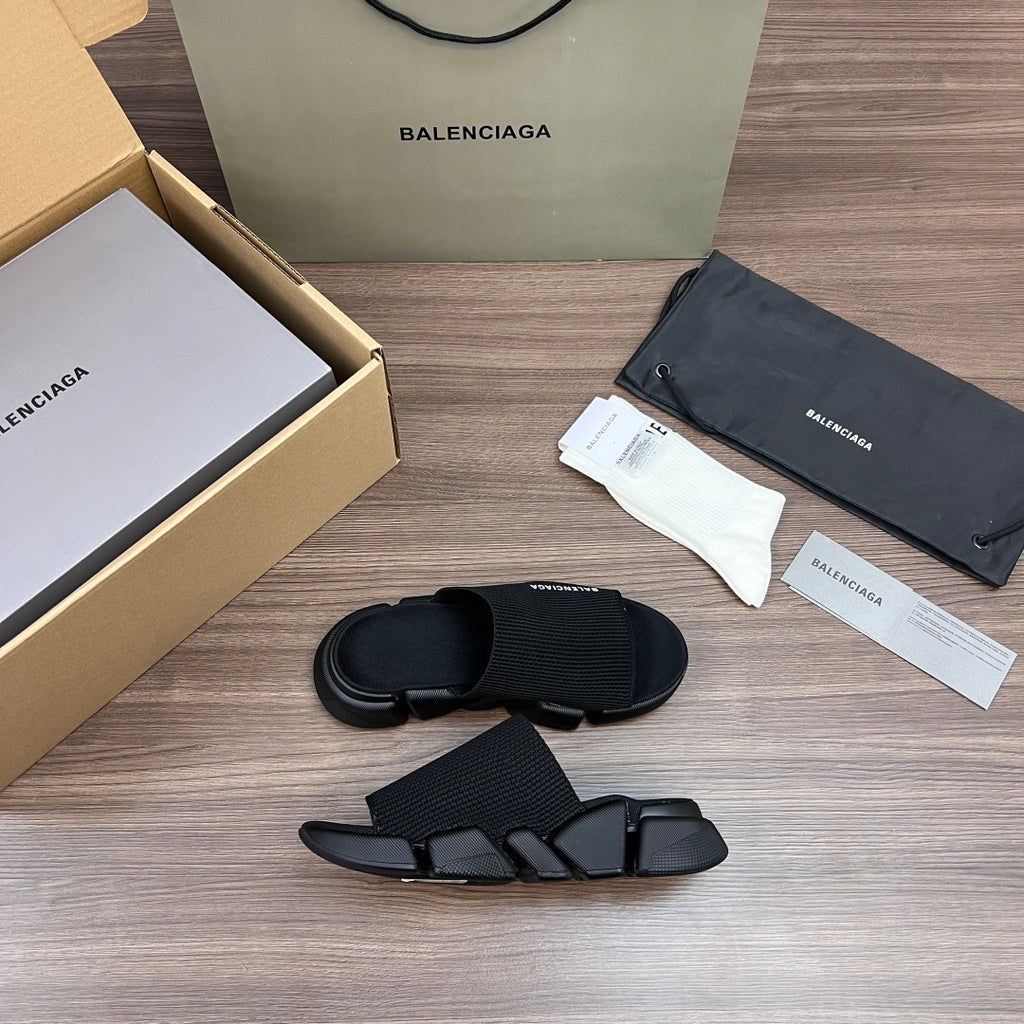 Balenciaga dark knit slide sandals with sculpted footbed and strap