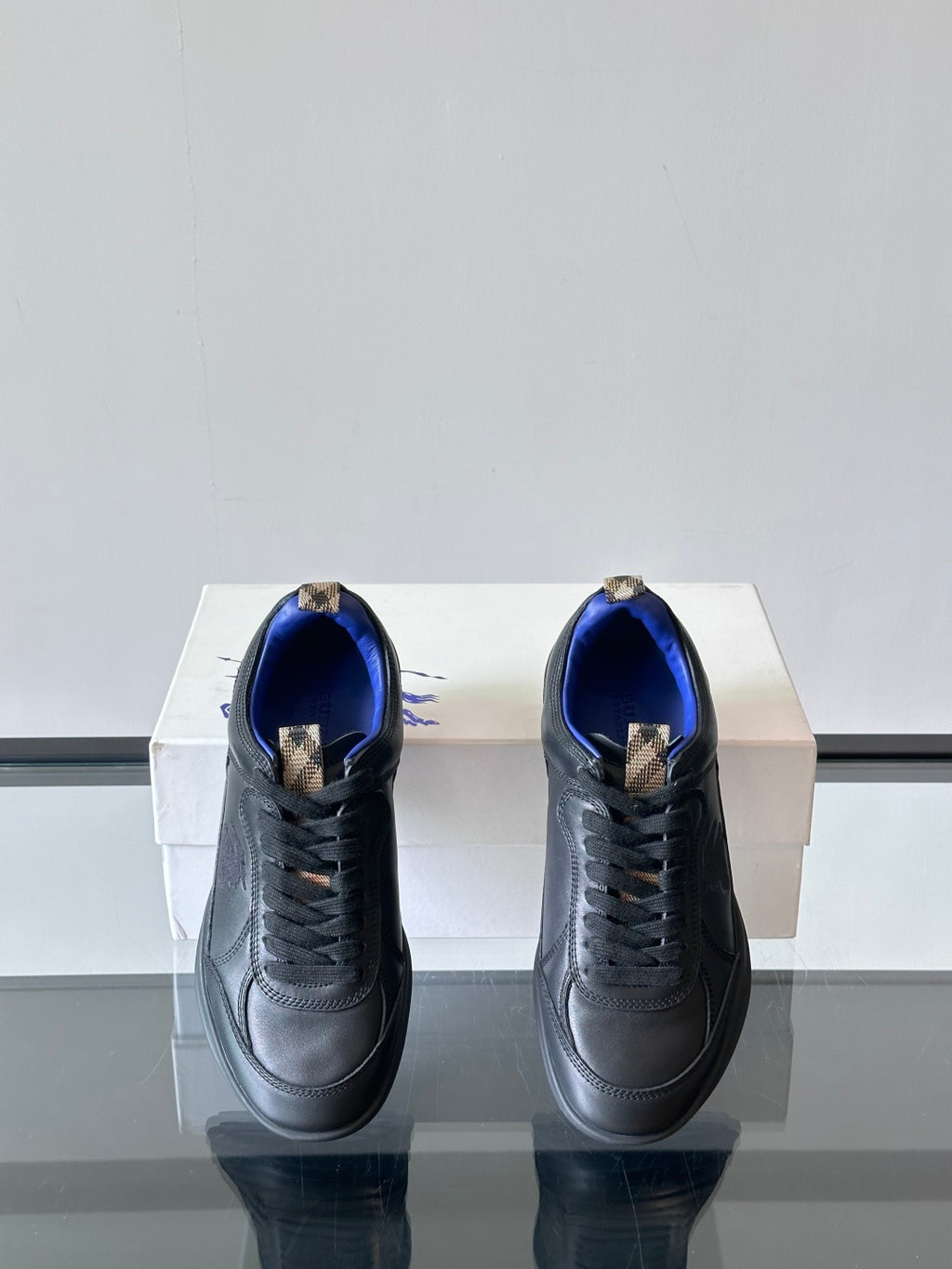 Burberry lace-up sneakers, dark with blue lining and lace-up back detail