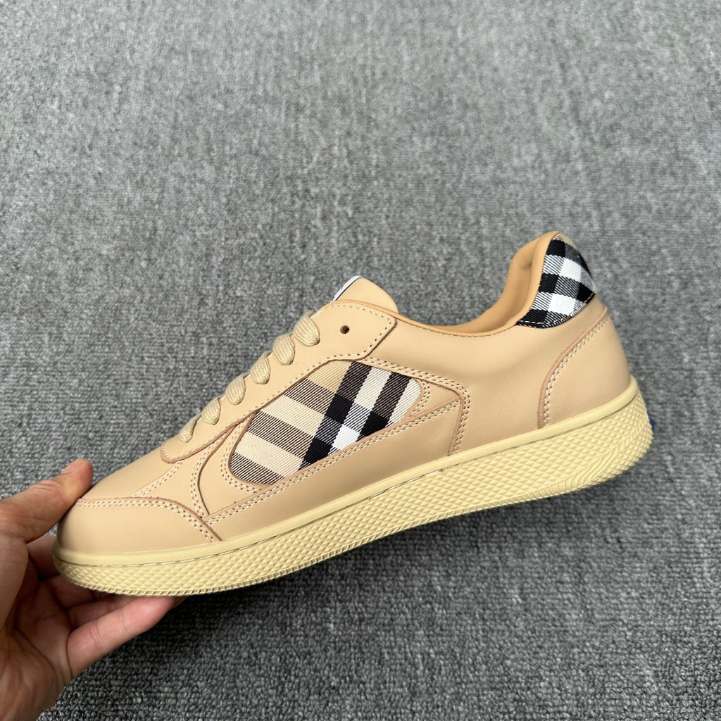 Beige lace-up sneakers with check plaid front insert and cream textured sole