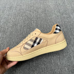 Beige lace-up sneakers with check plaid front insert and cream textured sole