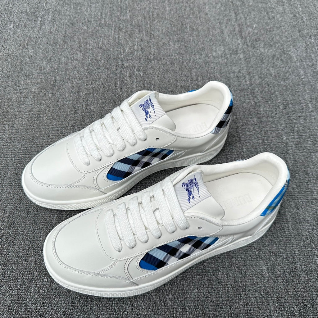 Burberry luxury white sneakers, blue-and-black check quarter panels, lace-up style