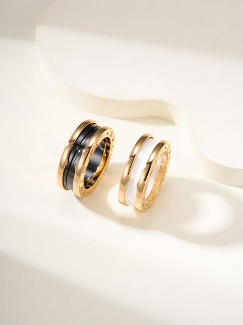 Gold-tone and black band rings on white display