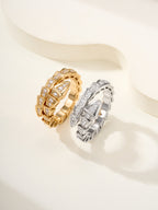 Bvlgari diamond rings set, gold and silver-tone, linked band with square-cut stones