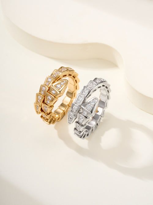 Bvlgari diamond rings set, gold and silver-tone, linked band with square-cut stones