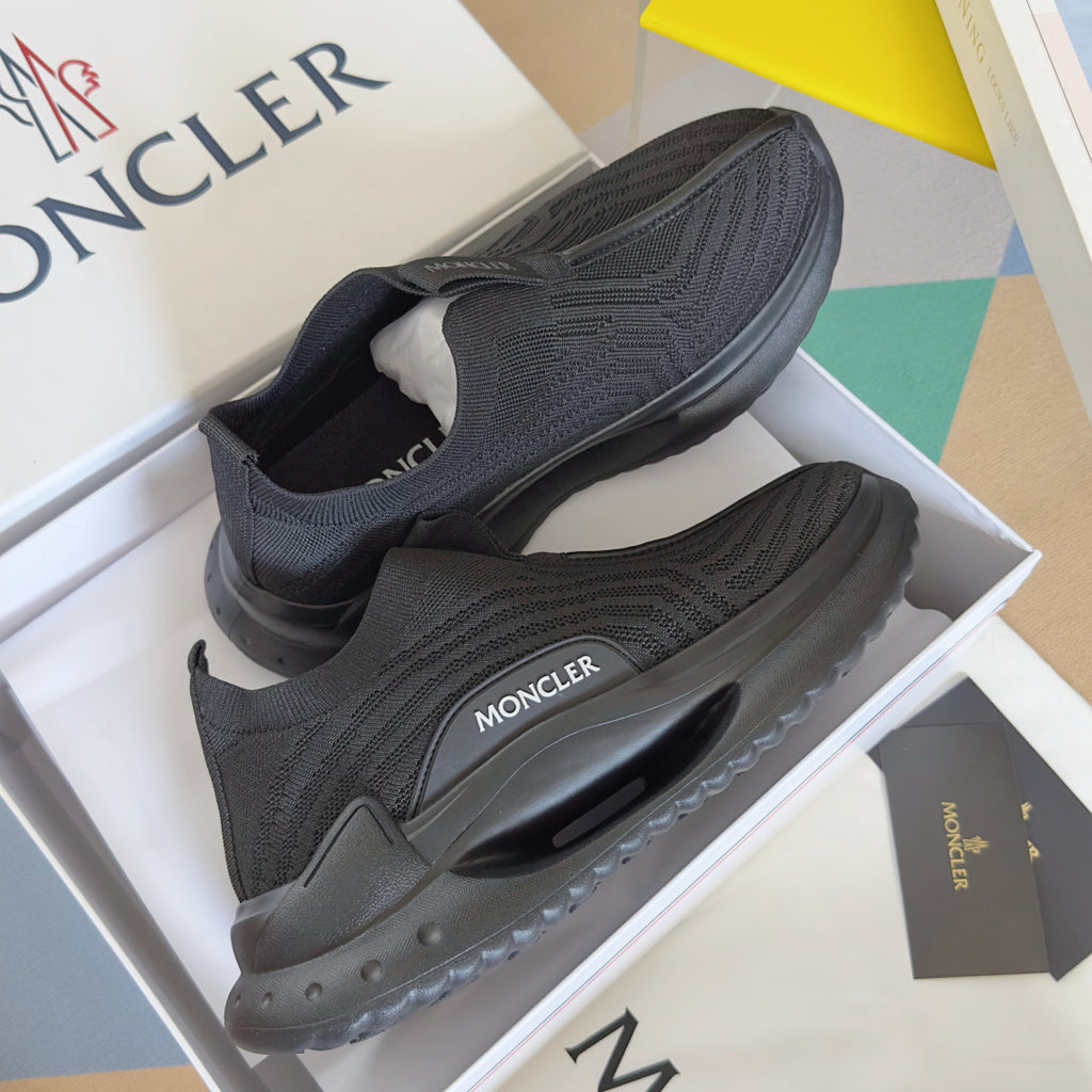 Moncler knit sneakers in dark gray, pull-on style with side logo and thick sole
