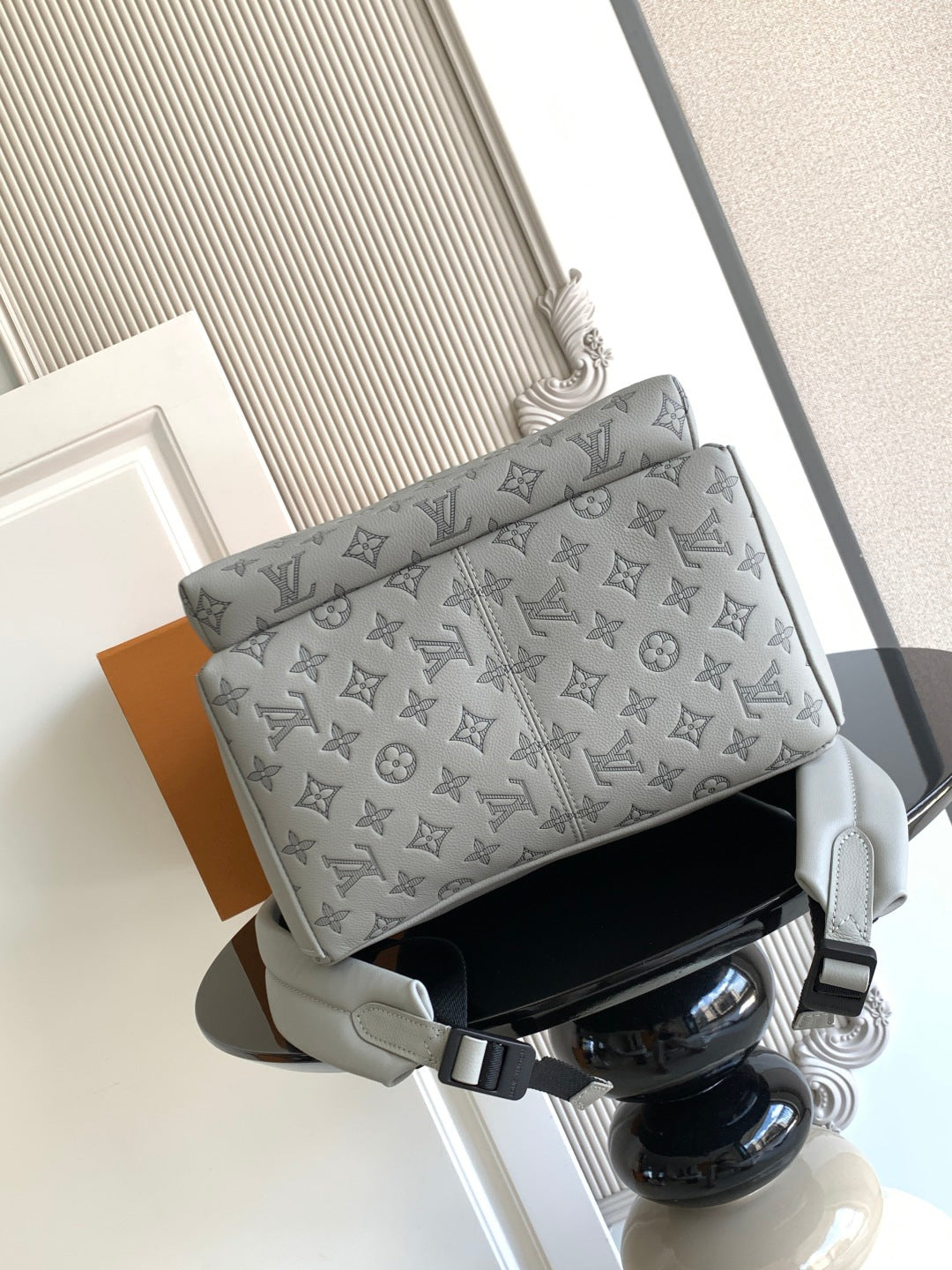 Louis Vuitton monogram shoulder bag with light gray flap and black strap