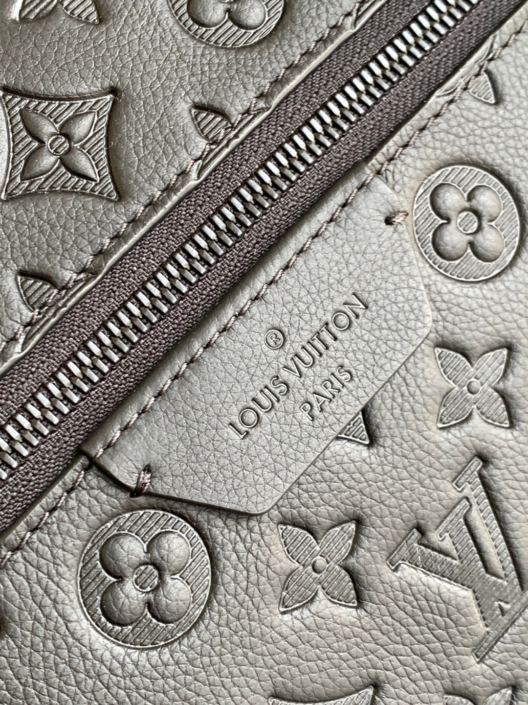 Louis Vuitton monogram mini backpack close-up of zipper, leather trim, and embossed logos