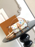 Louis Vuitton multicolor monogram crossbody bag with beige strap and gold clasp.
