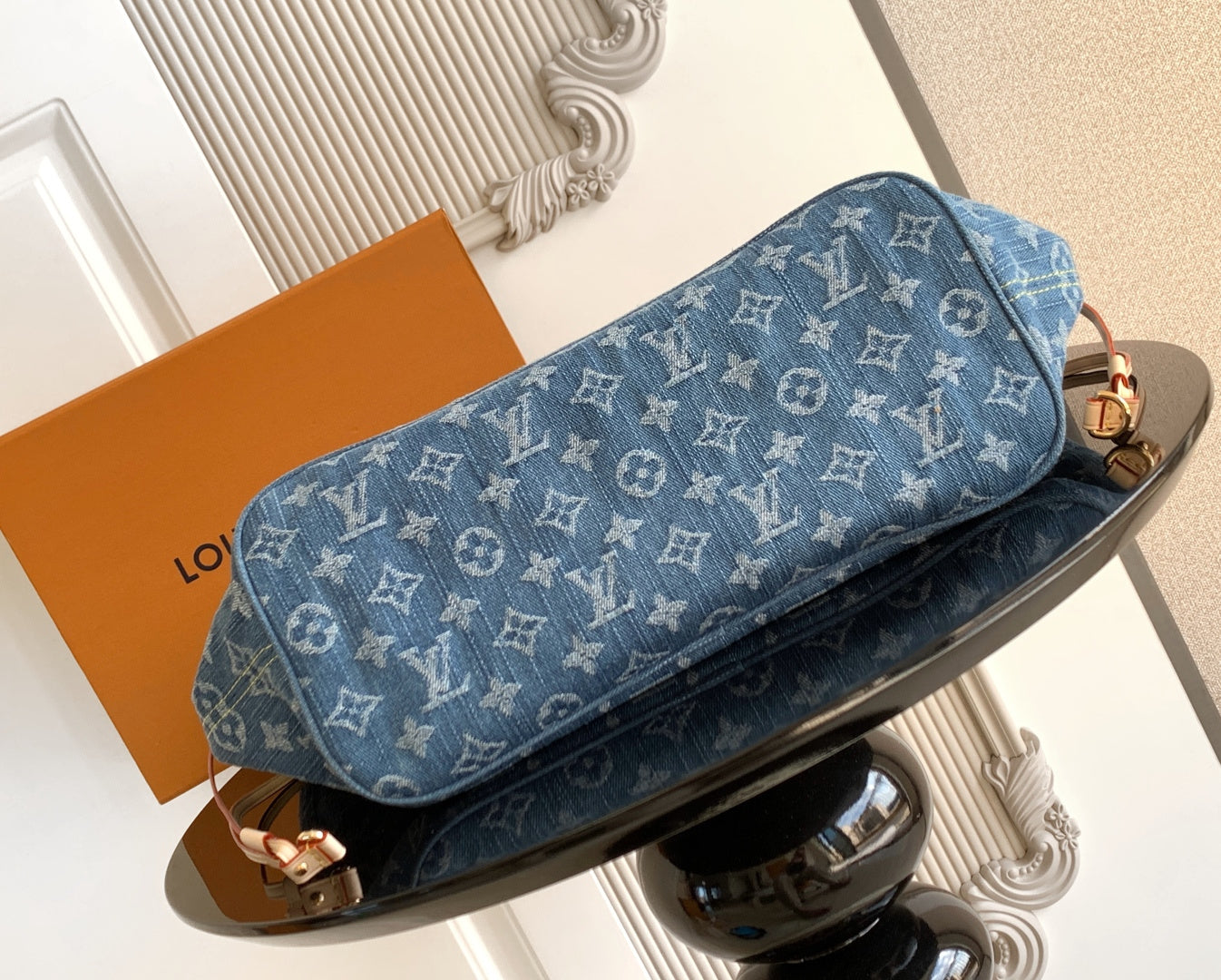 Blue monogram tote bag, long shape with tan trim and gold hardware