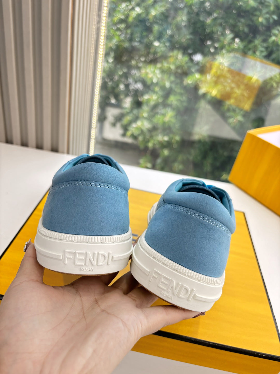 Fendi ladies low-top sneakers heels, light blue suede with turquoise laces and white sole