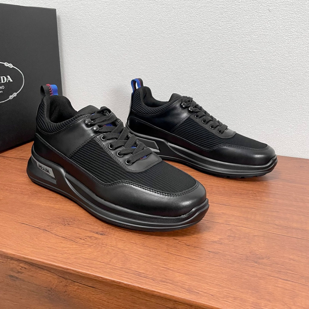 Black Prada unisex sneakers, lace-up with knit panels and side PRADA logo