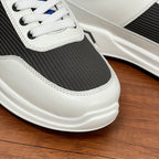 Prada unisex sneakers toe and laces, white leather with dark gray panel and stitching