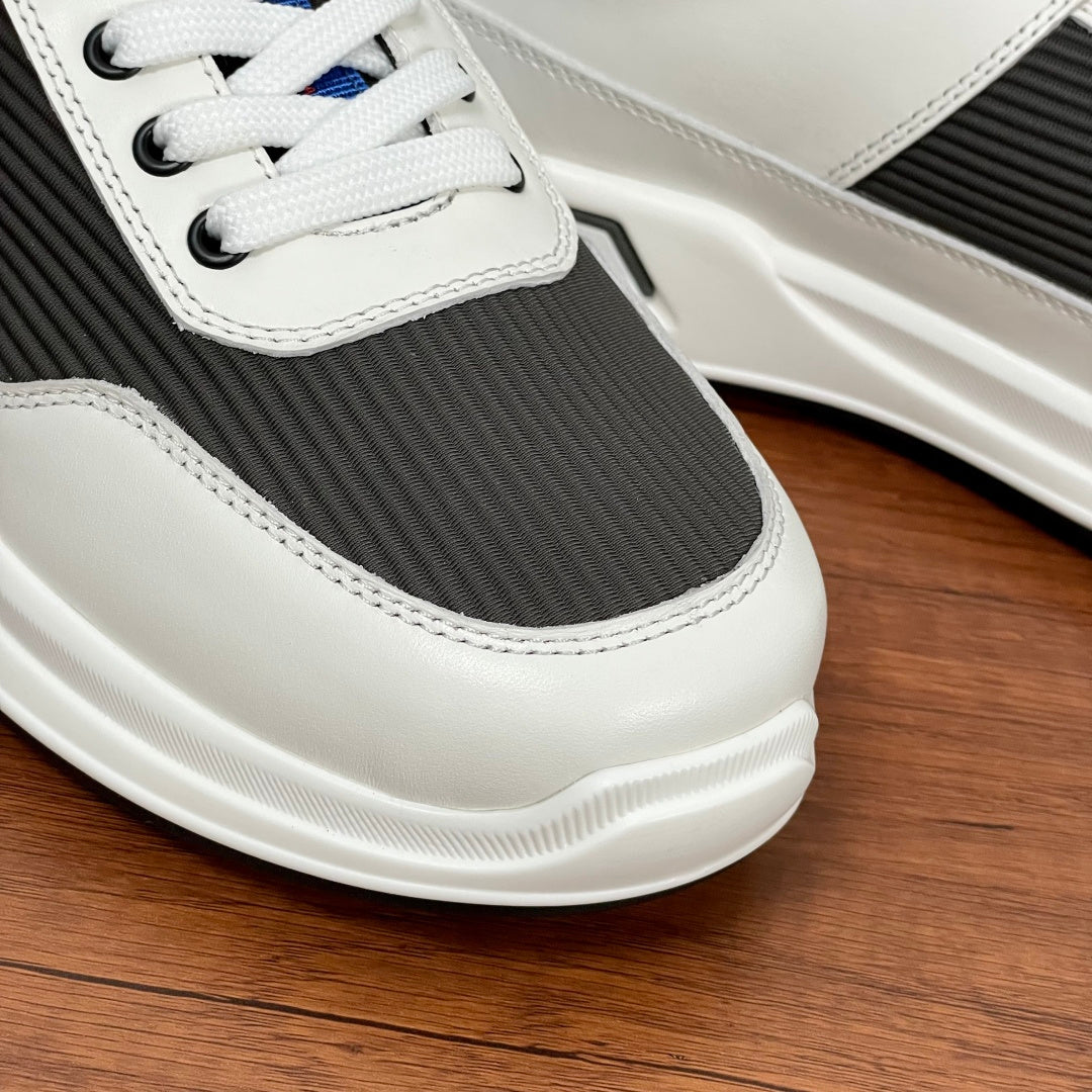 Prada unisex sneakers toe and laces, white leather with dark gray panel and stitching