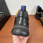 Prada unisex sneaker heel, black leather with blue-red knit heel tab