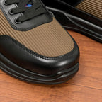 Prada unisex sneaker toe and laces, black leather and tan knit with rubber bumper