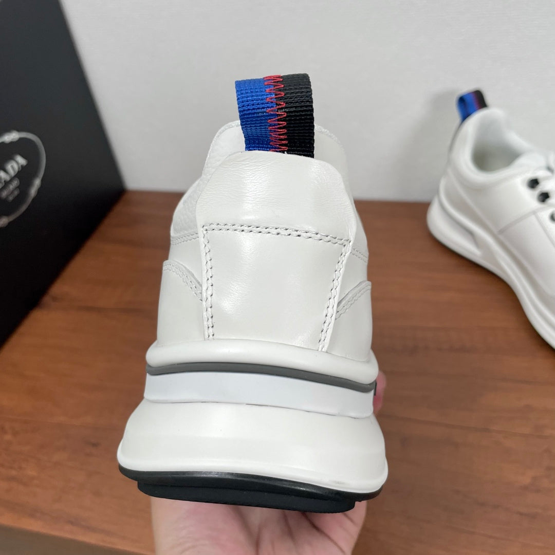 Prada unisex sneaker heel, white upper with blue-red collar stripe