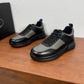 Prada unisex sneakers, black and gray leather with blue-red heel tabs and laces