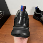 Prada unisex sneaker heel view, black leather with blue and red knit pull tab