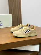 Burberry beige leather sneakers with blue-and-white check panel, lace-up