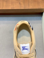 Burberry beige sneakers, heel view with blue check lining and logo label