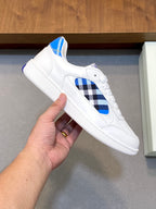 White sneaker with blue check panel and textured sole, Burberry