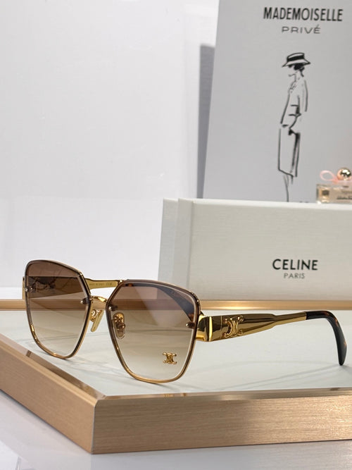 Celine sunglasses with gold-tone frame and brown tinted lenses, square-rounded shape