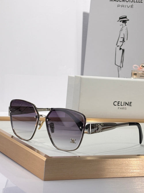Celine sunglasses with gold-tone frame and dark purple tinted lenses, angular-square shape