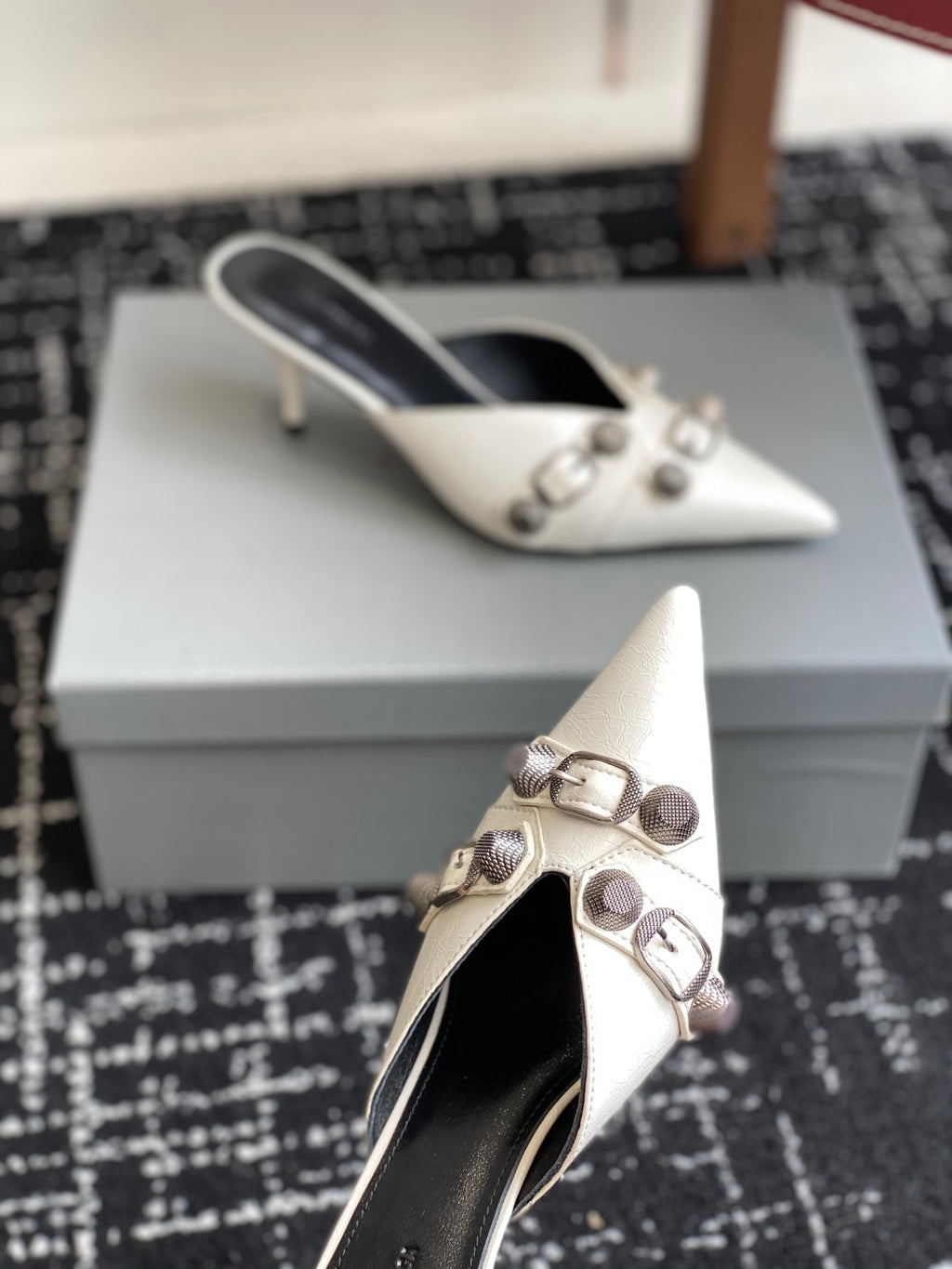 Balenciaga white heeled mule sandals with side strap and pointed toe
