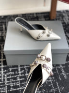 Balenciaga white heeled mule sandals with side strap and pointed toe