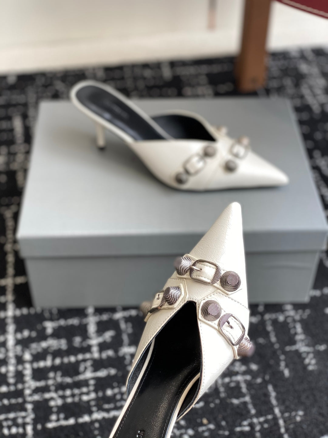 Balenciaga white heeled mule sandals with side strap and pointed toe