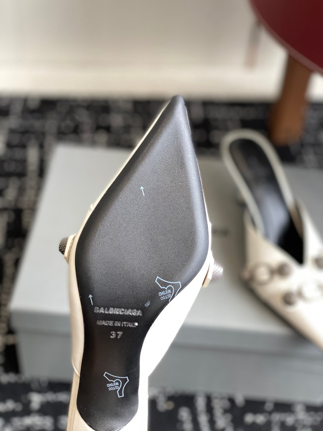 Balenciaga sandal insole with logo and size markings in dark text