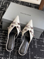 Balenciaga white heeled sandals with black insole and buckle strap detail