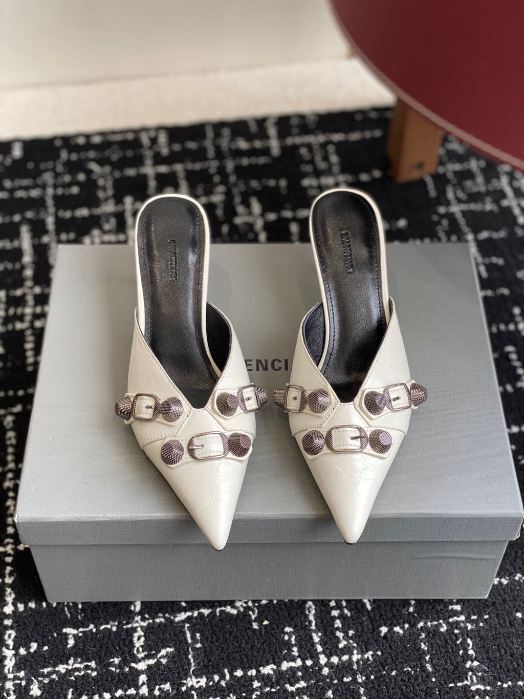 Balenciaga white heeled sandals with buckle straps and pointed toe