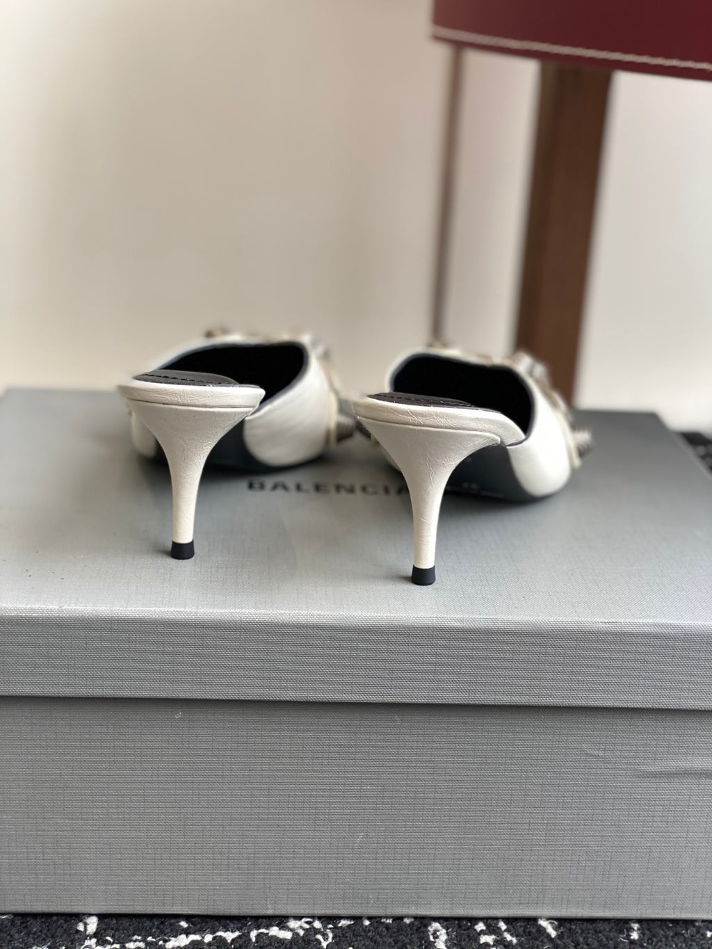Balenciaga white heeled sandals back view with pointed toe and heel